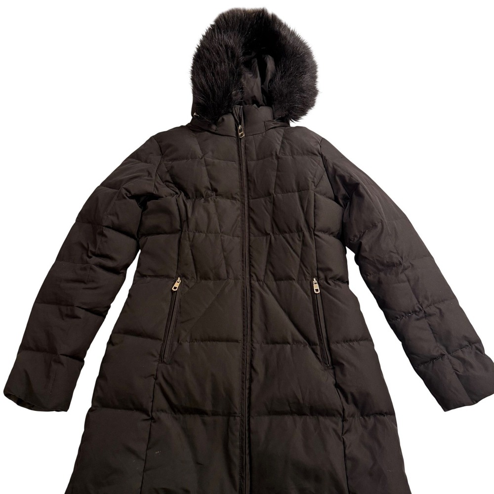 Calvin Klein Black Puffer Down Coat with Fur Trim Hood Women's Size M Parka
